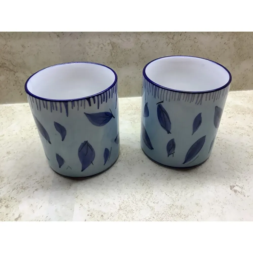 Blue and White Pottery Mug/ Hand Painted Set of 2 - Blue Floral & Leaves Mugs